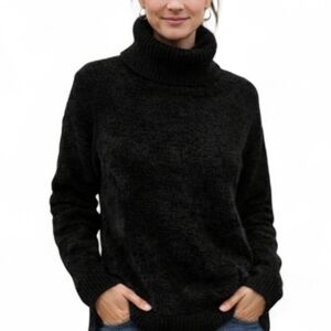 Lands' End Black Eyelash Knit Turtleneck Sweater Ribbed Trim Size M